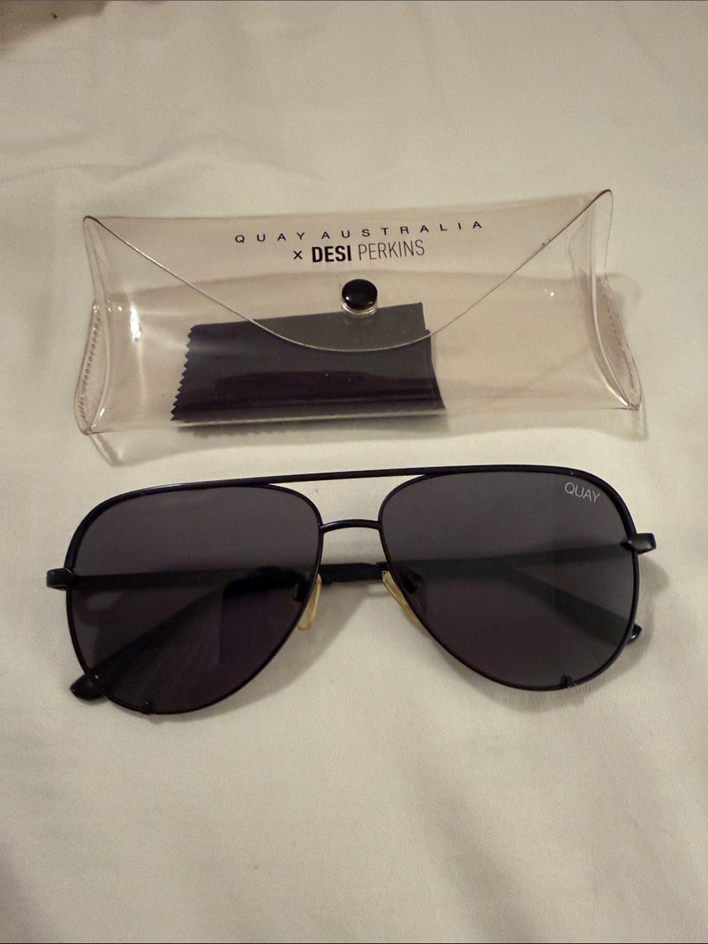 Quay Australia Black Aviator Large High Key Sunglasses with Clear Branded Case